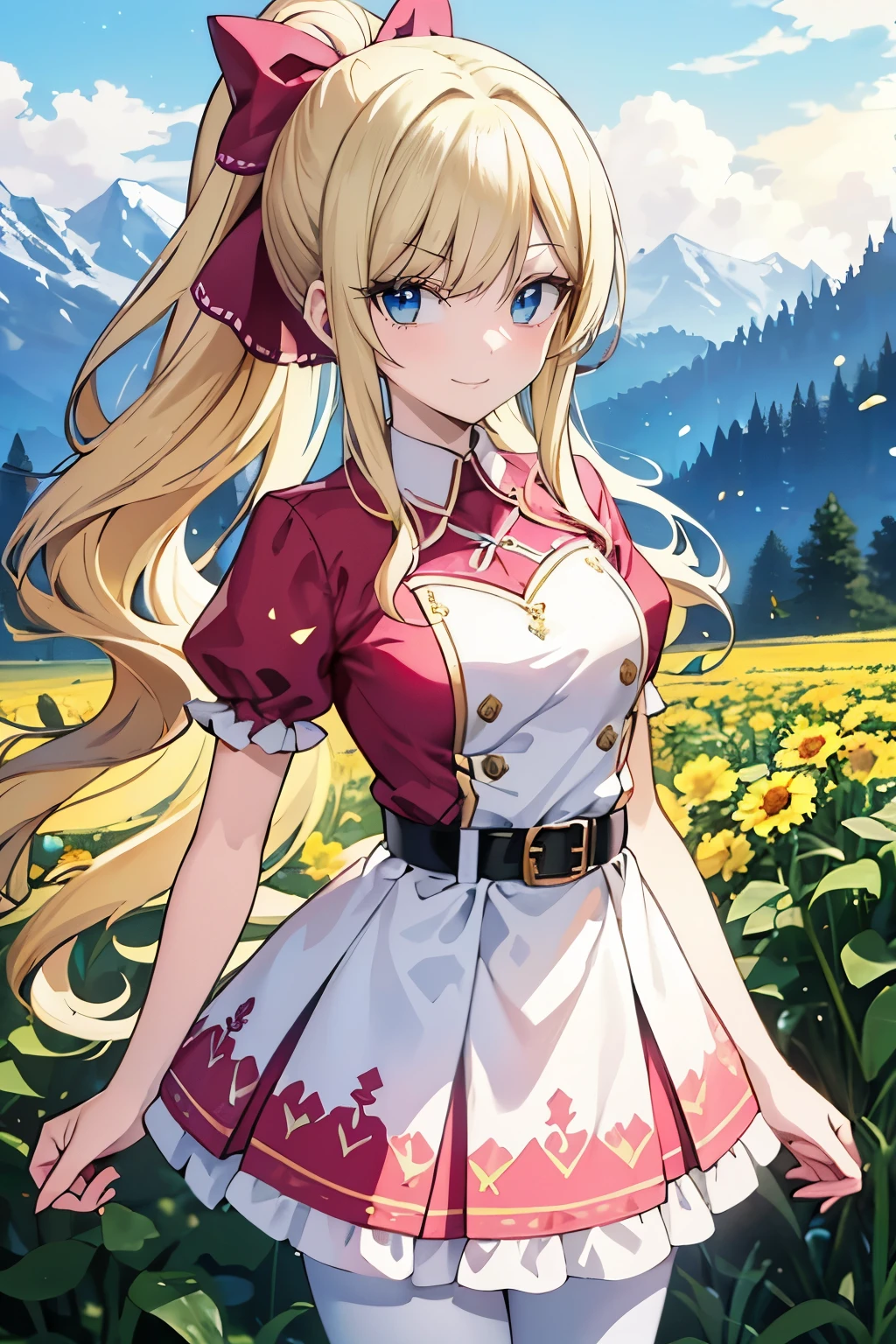 Safe for work, masterpiece, best quality, solo, 1 girl,   (young female body:1.4), ( medium breasts), slender legs, golden yellow hair, extra long hair, wavy hair, blunt bangs, crystal blue eyes, very detailed eyes, mountain background, flowerfield, standing, smiling, cute girl, cowboy shot, detailed eyes, expressive face, pink red dress, short dress, dark pink dress, white details, white pantyhose, white belt with a bow, white belt, ponytail, hair ribbon