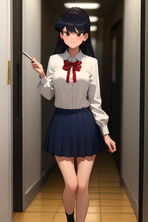 Komi wears . She smiles and walks down a hallway. Blushing a bit Komi looks up to camera. Komi walks in a school hallway. Hallway is wide. Komi is tall and not wide