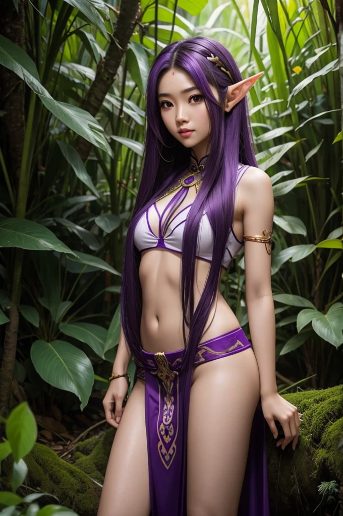 Long Purple hair, Vietnamese, beautiful 23 year old woman, very attractive, brown eyes, elf ears, very cute, thin athletic body, in rainforest, wearing tribal outfit