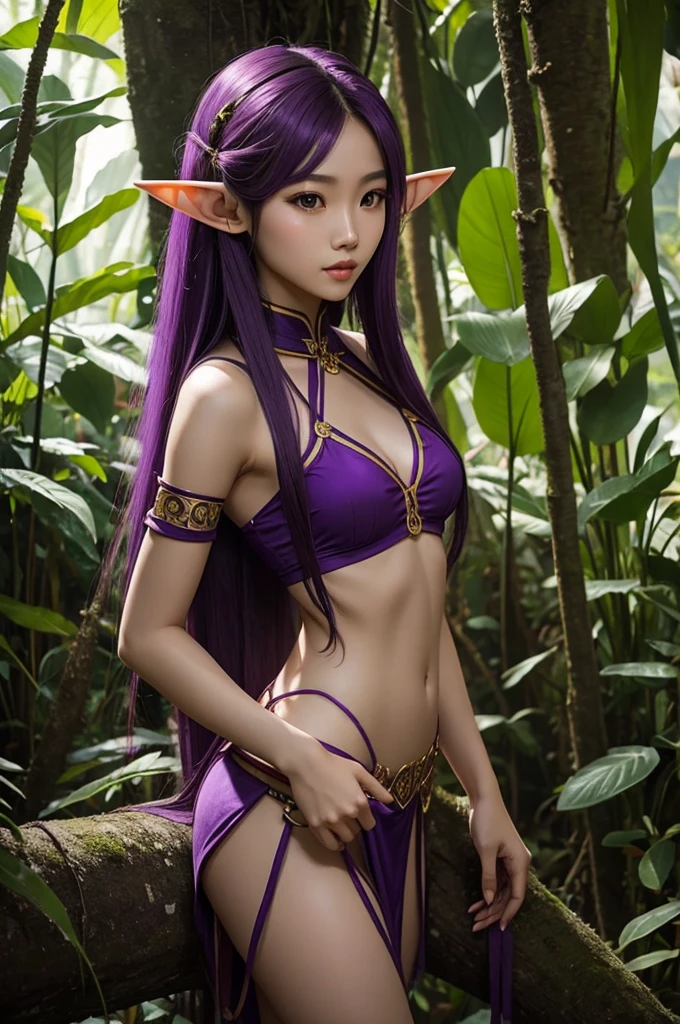 Long Purple hair, Vietnamese, beautiful 23 year old woman, very attractive, brown eyes, elf ears, very cute, thin athletic body, in rainforest, wearing tribal outfit