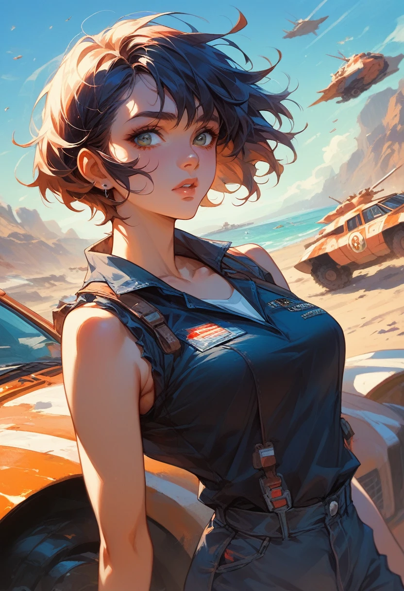 Very detailed、whole body、Ash color short hair、Wear the clothes of the future、Ride a futuristic vehicle、maritime、woman