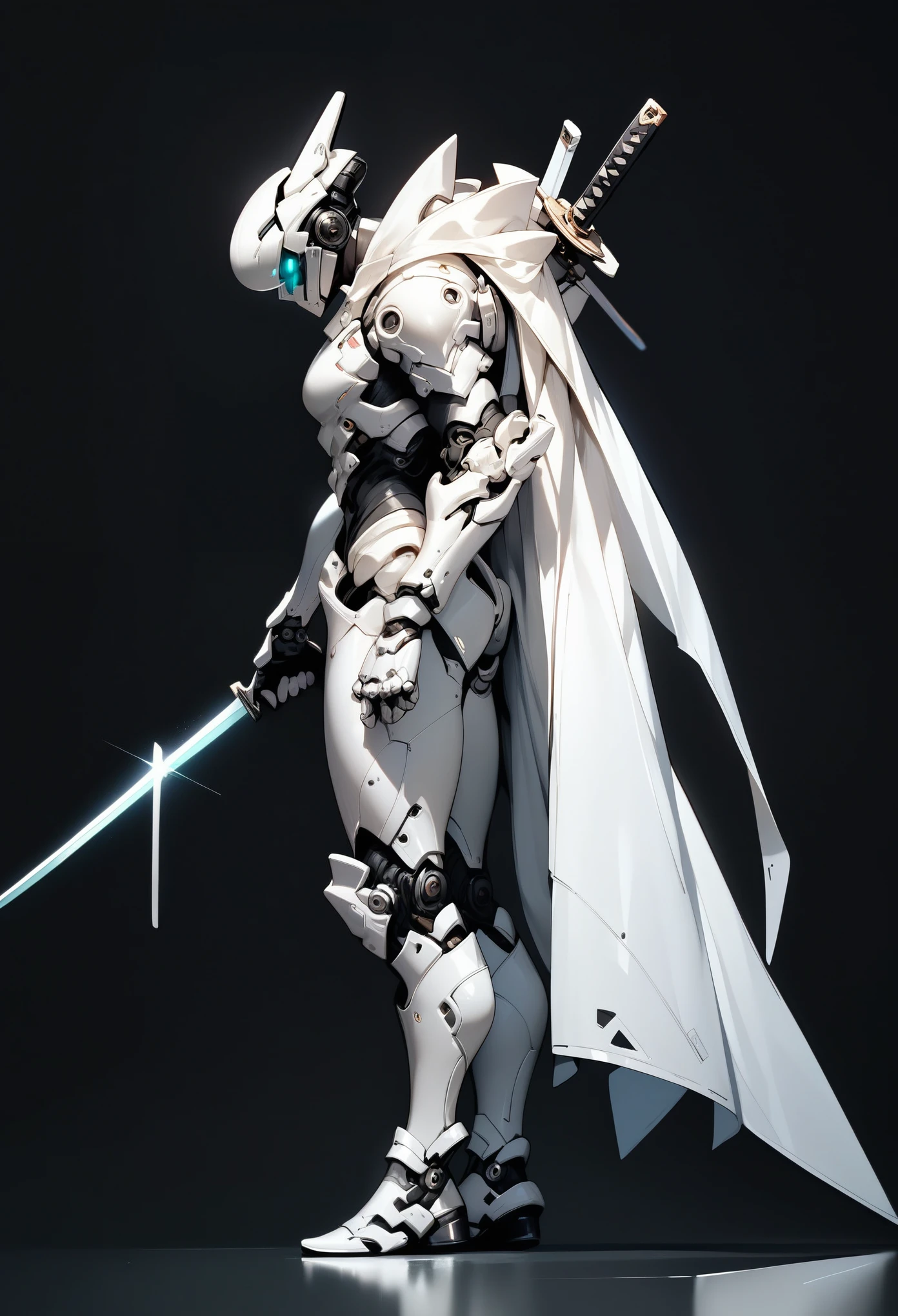 1 boy, alone, profile, plain background, white armor, white glowing eyes, full body, light armor, white hair, cyberpunk, sword pointing at the ground, white cape, holding a sword stuck in the ground, sword with white and black engravings, black background, full white armor, white futuristic helmet, standing pose leaning on the sword, tight armor, dark aura, white mechanical arm, side view