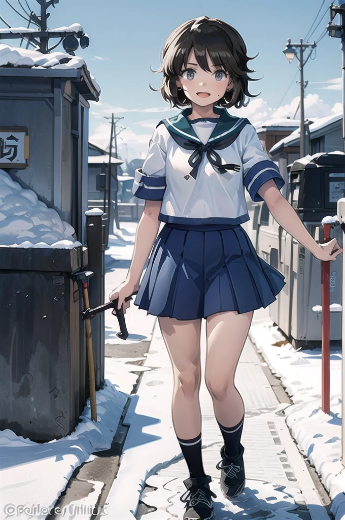 Deep Snow KC, Isonami Uniform, One girl, Solo White Seravuk, , Short sleeve, skirt, blue skirt, Twin Blade, Blue sailor collar, View your viewers,    port, port