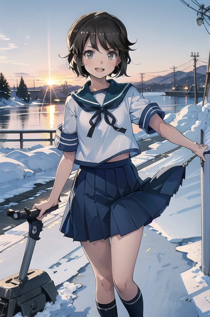 Deep Snow KC, Isonami Uniform, One girl, Solo White Seravuk, , Short sleeve, skirt, blue skirt, Twin Blade, Blue sailor collar, View your viewers,    port, port