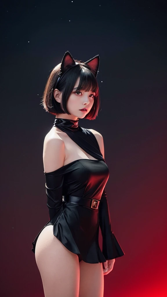 Delicate and dainty young woman with shiny bob-cut black hair and cat ears. She is wearing an off-the-shoulder red only mini-skirt dress. The background is a fantastic and ethereal night sky that seems to be haunted by a specter. Her expression is stern and atmospheric. Angle from directly below, f-cup