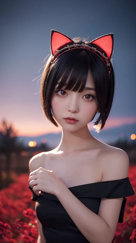 Delicate and dainty young woman with shiny bob-cut black hair and cat ears. She is wearing an off-the-shoulder red only mini-skirt dress. The background is a fantastic and ethereal night sky that seems to be haunted by a specter. Her expression is stern and atmospheric. Angle from directly below, f-cup