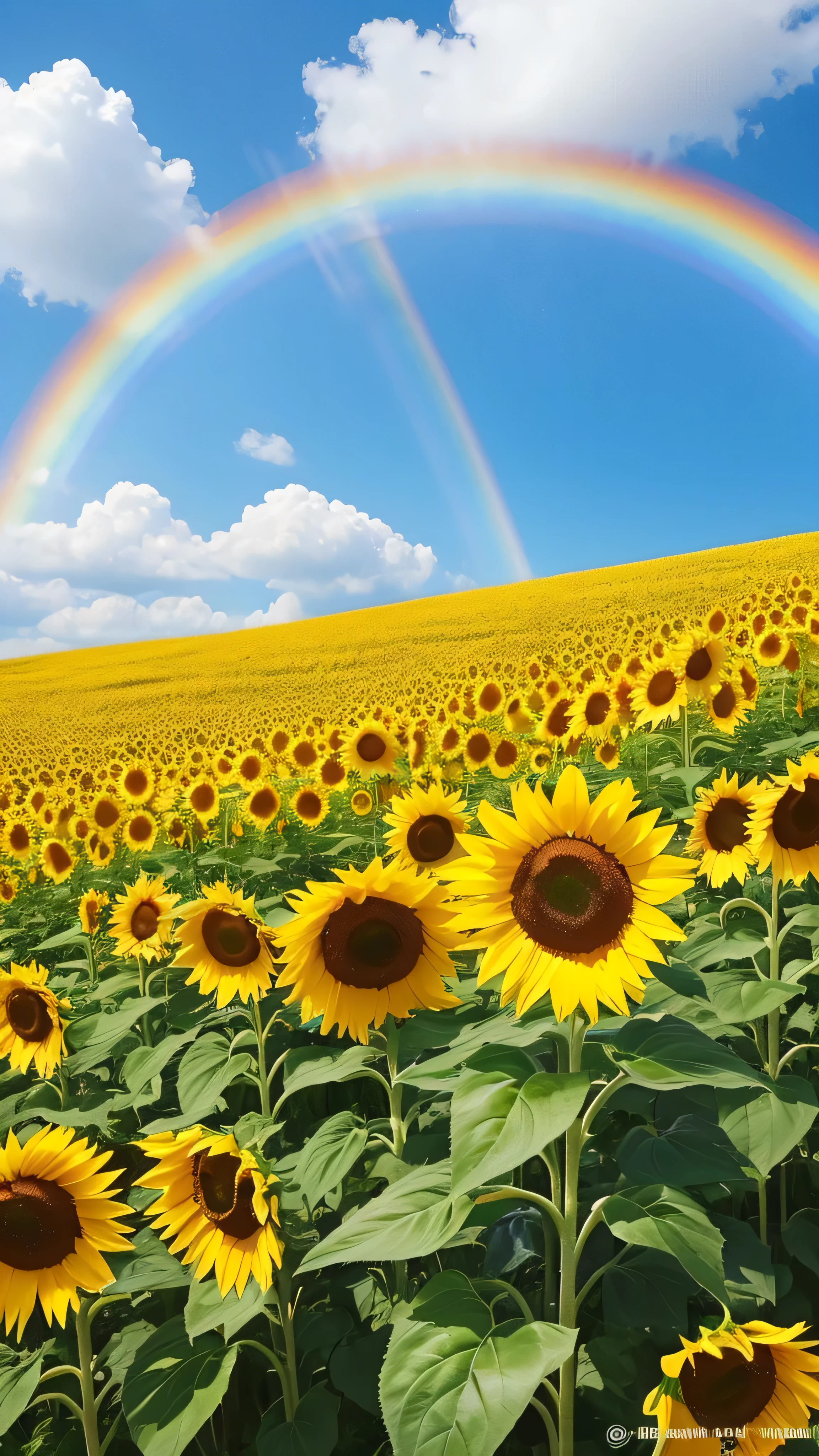 A landscape of sunflower fields swaying in the summer sunshine。A vibrant rainbow in the blue sky、Yellow sunflowers and the colors of the rainbow blend beautifully together。Behind the sunflowers is a green meadow.、A bright and refreshing summer landscape unfolds。
