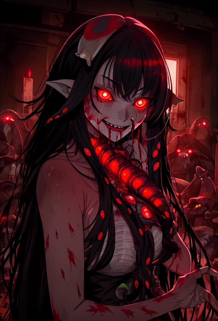 ,He is scratching his cheeks with both hands,the neck is very long化け物,Too long neck,the neck is very long,The neck is as long as the head,(Thriller Theme,Bloody and violent themes:1.3),(Dirty mollusk tentacles,radicalism:1.4), Good details, (Glowing background), Highest quality, Wide-angle Super Detail, masterpiece, 8k, Natural light, Soft lighting, sunlight, High resolution (High Dynamic Range), Maximum clarity and sharpness, Multilayer Texture, Looking at the audience,Close to the audience,night,Dirty, (Faith of the Dead,A totally malicious cult,Human sacrifice ritual,Ominous black and bloody fog),(severe bleeding, self-injurious behavior:1.4) 1 girl,Crazy Smile,((Wicked Smile)), ,(Blood splatter:1.4),Scythe Face,Girl Monster, beautiful, Delicate facial features, Sharp Eye, Sharp Fangs, Pale skin, Thick chain, Dark Background, Cinema Lighting, Dramatic Shadows, Gothic style, Gloomy atmosphere, Dark fantasy, One Girl, Please open your mouth wide, Open your mouth and baring your teeth,Sharp teeth like a beast, Wide lips, very wide mouth, Vermilion cheeks, ,(Blood splatter:1.4),Scary smile, Very good laugh, (Glowing Eyes,Disheveled long hair,:1.5), Lens flare,Light leakage,Spooky altar background,Anime Style,Concept Art,A terrifying ritual ,Satanic Ritual,Premature death,Improper behavior, Twisted smile、Bloody、bleeding from the head,,,,、Blood splatter、,(Blood splatter:1.4),Crossbones, skull,Crossbones, , Skeleton Gas Light,