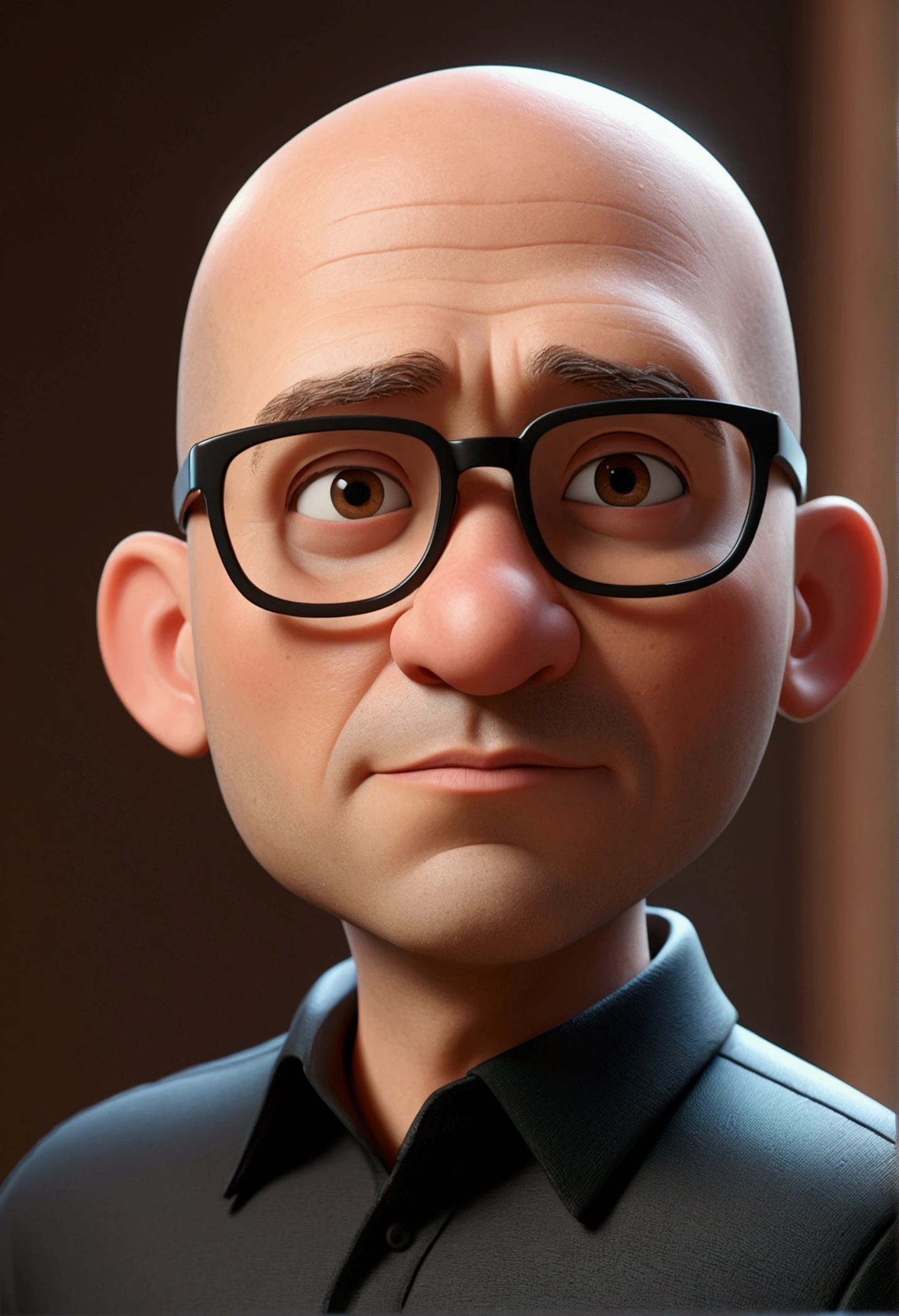 Cartoon character of a man in black and square glasses, light brown eyes, Round face, plumpness, completely bald and black shirt, animation character, stylized character, animation style rendering, 3d stylized, Arnold Maya rendering, Stylized 3D rendering, toon render screenshot, 3d character, 3d character, Stylized 3D rendering, 3D character rendering, cartoon character, Personagem de close up, character posing, (Pixar-style) (master part:1.2) (bokeh) (best qualityer) (skin detailed) (detailed texture) (8k) (Argilla) (cinematic lighting) (sharp focus)