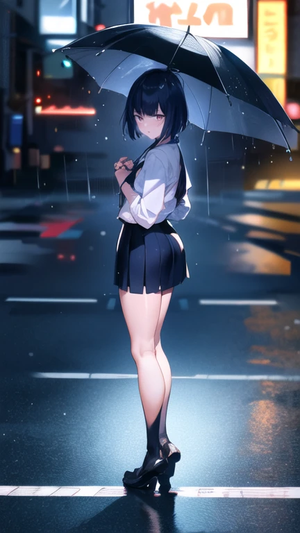 ultra-detailed, high resolution、anime、One woman, City of night, rain, Neon Signs、Your clothes are wet、Deep blue tight skirt、The light reflects on the road、Not holding an umbrella、Full body portrait、