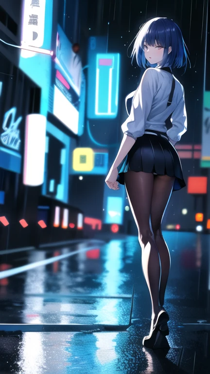 ultra-detailed, high resolution、anime、One woman, City of night,　rain,　Neon Signs、Your clothes are wet、Deep blue tight skirt、The light reflects on the road、Not holding an umbrella、Full body portrait、