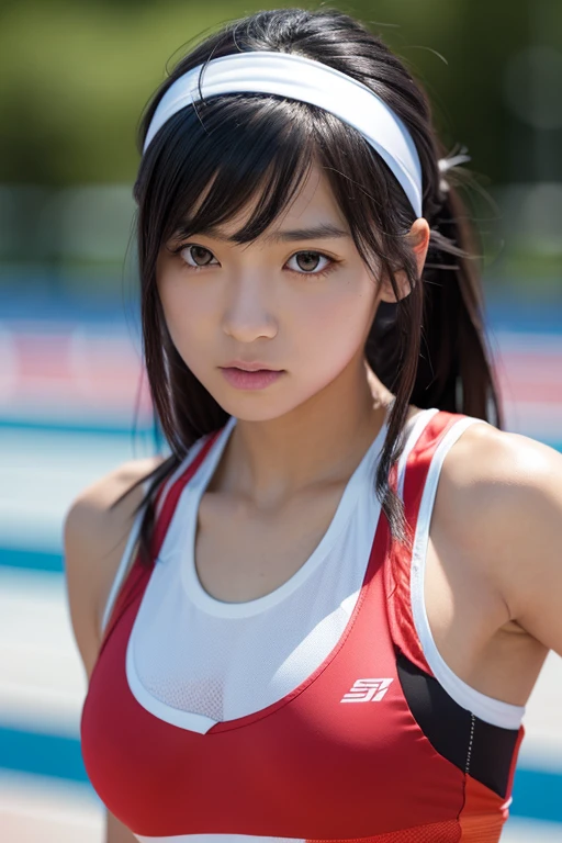 One girl, High resolution, chest, Gaze, Shortcuts, Black Hair, Close your mouth, Headband, Track and field uniform