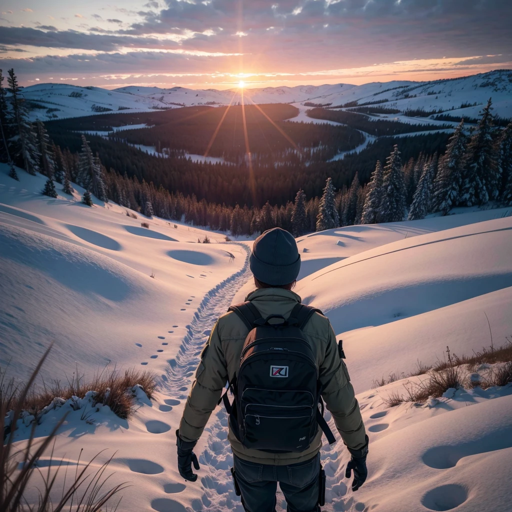 Dayz thumbnail, art, realistic, a survivor with backpack in a snowed grassfield, looking to the sunset, hd