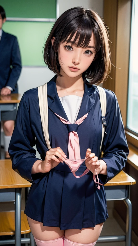 (Absurd:1.3),8k,(Detailed Photos:1.5),(Detailed face and skin:1.3),(Ultra-high resolution:1.5),(Realistic:1.5),Symmetrical clear eyes,Well-groomed face,(Ray Tracing:1.3) ,13-year-old girl, Japanese,high school girl,(wearing Japanese high school uniform:1.3),(Navy High School Uniform:1.3), break (Panties as a gift),(Detailed pink silk panties:1.1),masterpiece, Highest quality, Very detailed,classroom,Black short bowl cut hair、Blunt bangs,Focus Panties,Cinema Lighting,(blush:1.3),(Panty stains:1.4),