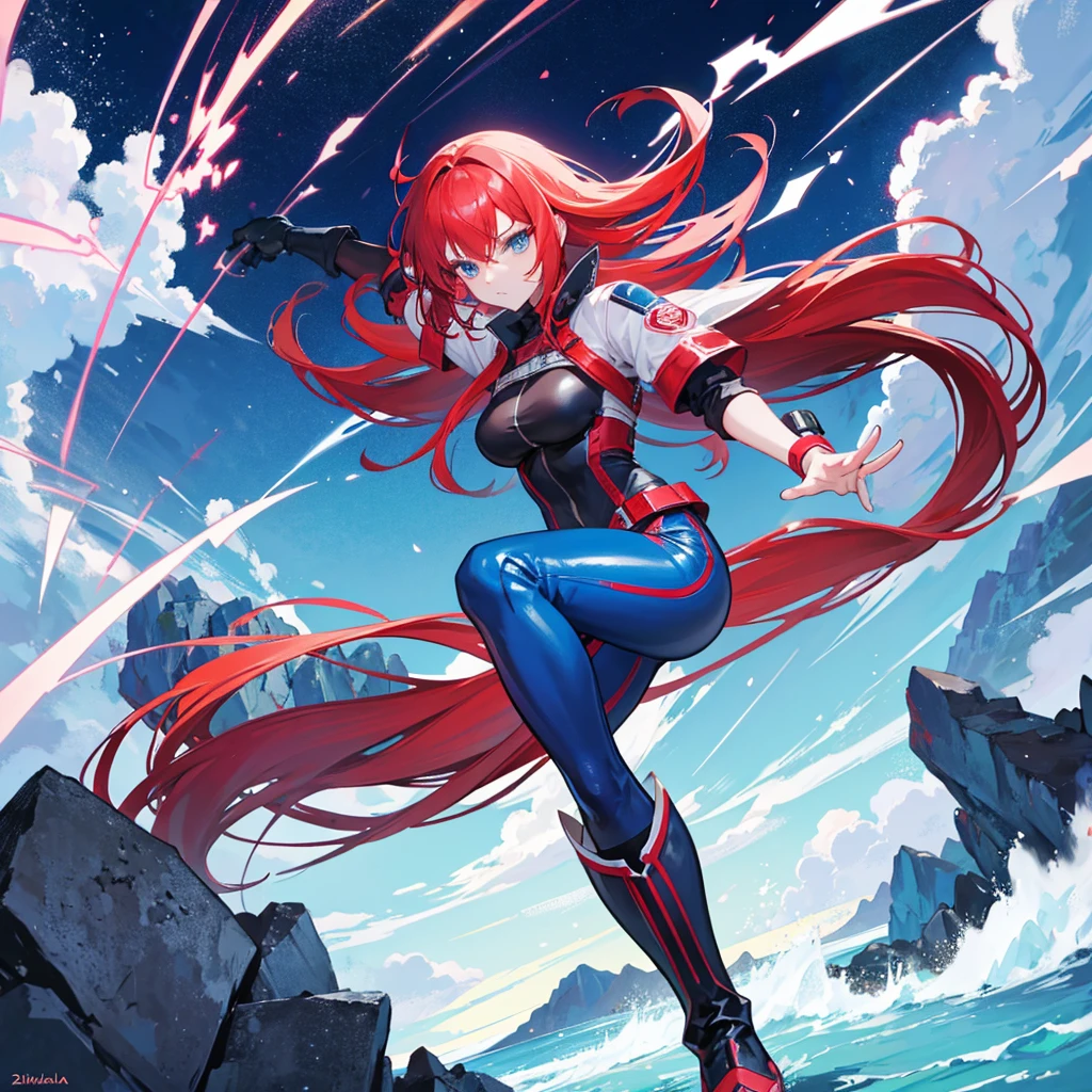 Profesora Sylara Stormblade in an anime style, as a tall, athletic Caucasian woman with long, vivid red hair and bright blue eyes. She is in a dynamic karate kick pose. Her attire includes tight-fitting blue leather pants and leather boots, which accentuate her athletic figure. The setting is a mountainous landscape, with the full-body image capturing the energy and style of anime action.