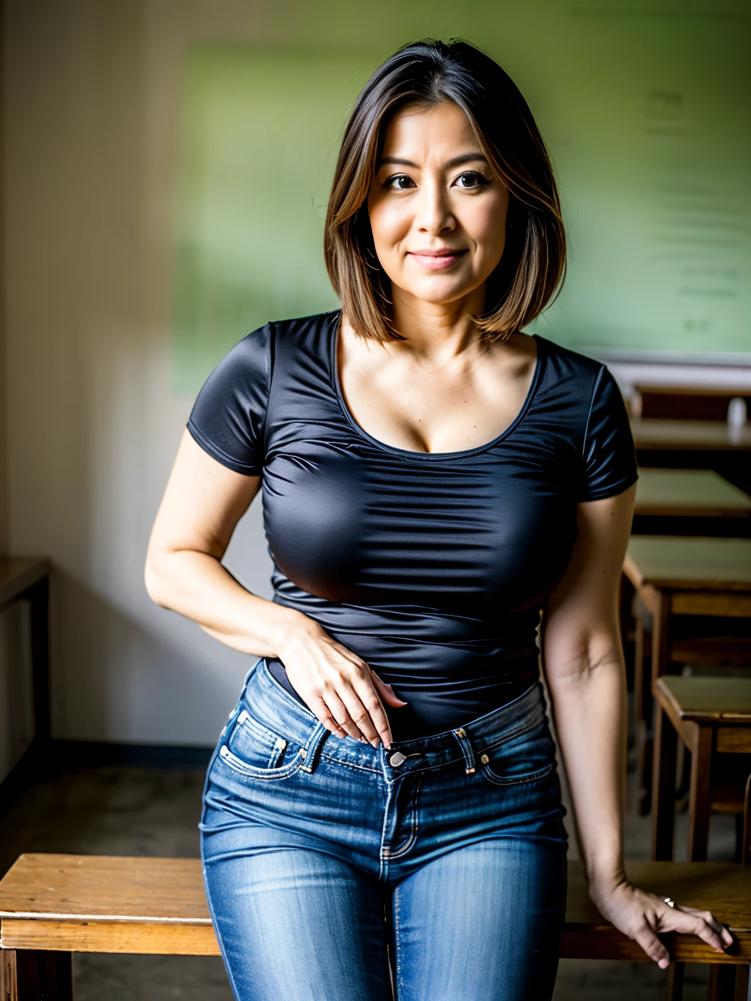 ((highest quallity、Masterpiece masterpiece、portraite:1.3)), Photoreal, 35㎜ film,Depth of written limits, (From above), mature woman (aged 50), beautfull woman ((Female teacher)), Wrinkles around the eyes, pixie haircut, cowboy shot, scattered look, wearing tight jeans ((Broad Hips, thicc)), Female T-shirt, In an empty classroom