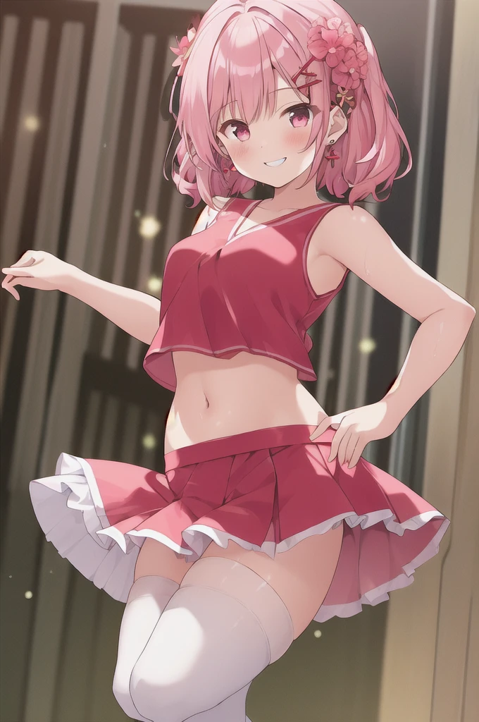 1girl, solo, smile, cureyell, sleeveless, red_shirt, earrings,hair_flower,hair_ornament,pink_skirt,miniskirt, ,scrunchie,navel, white thighhighs , zettai_ryouiki, 