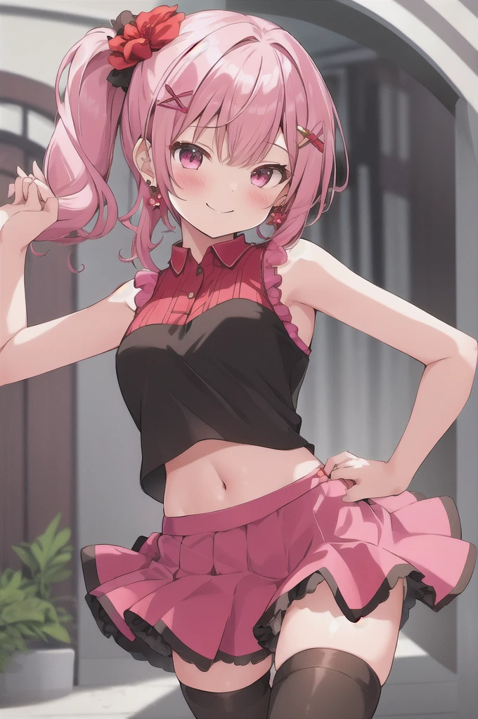 1girl, solo, smile, cureyell, sleeveless, red_shirt, earrings,hair_flower,hair_ornament,pink_skirt,miniskirt, ,scrunchie,navel, white thighhighs , zettai_ryouiki, 