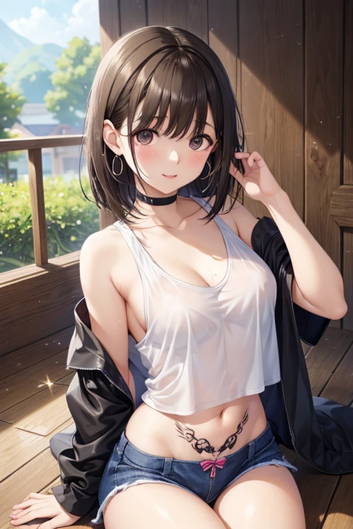 anegasaki nene、Shiny brown hair, short hair, (Beautiful brown eyes、Sparkling eyes, Fine grain)、smile、Super detailedな目、Highly detailed face, Highly detailed eyes,


Ultra-high resolution, Superior Quality, Highest quality, Super detailed, Realistic, 8k, RAW Photos, Highest quality, masterpiece, Attractive girl, A wonderful girl, 

Beautiful breasts、Black Hair、Attractive breasts、Beautiful and attractive anime women, Enchanting anime girl,Slippery、beautiful girl、、quiet、Inconspicuous、Publish locally.、White See-Through Tank Top、Staying at home、Underwear is visible、Underwear is biting into、Small underwear、Shaving、Wet Skin、（On the arm）tattoo、（For the whole body）tattoo、（On the neck）tattoo、Nipples、big hoop earrings、（On the feet）tattoo、（On my back）tattoo、（On the stomach）tattoo、Provocative、大きい龍のtattoo、（On the face）tattoo