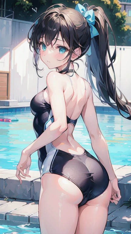 Tazune rirei, nsfw, 8k, ultra-detailed, Masterpiece, best quality, perfect lighting, aqua eyes, black hair, ponytail, ((school swimsuit)), ((from behind)), ((looking back)), looking at viewer, close up ass, spread pussy wide, female , middle chest, nipple peel, pink areola, spoken heart, sunny summer day, simple square pool, sink in the pool, 1girl, solo, blush, embarrassed, portrait, bokeh