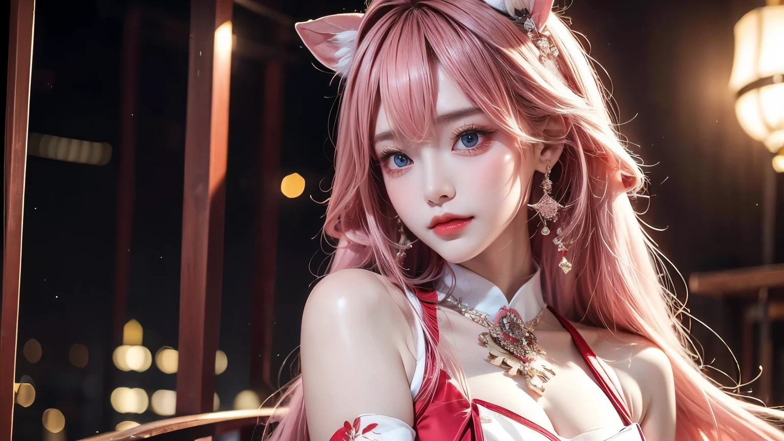 shenzi,1 girl,long hair,pink hair,purple eyes,very long hair,hair_decoration,Pink kimono, ((whole body)), ((from below)), Yushuxin,1 girl,alone, ((stand up, Leaning on the ledge)), ((Lean over)), ((The characteristics are very clear, Clear face, Clear face)), ((bare shoulders)),red lips, cosmetics, close up, elegant pose, Seductive pose, Perfect Curve, Slim, sexly, big breasts, , fair legs, charming gaze, bite lip, messy long hair, simple casual scene, Very detailed, Ultra-clear, best quality, official art, exquisite earrings, exquisite necklace, Very detailed description, Super fair painting, Advanced features, elegant, fair, Super fine details, masterpiece, real texture, Realistic movie lighting, masterpiece, best quality, upper body