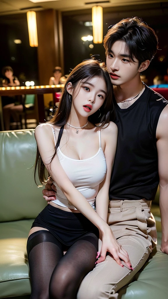 (((SFW : 1.2))), (((pornography))), (realistic), (intricate details:1.2), (masterpiece、:1.3), (top quality:1.4), (Ultra A high resolution:1.2), Ultra A high resolution, 8K resolution, very detailed expression, dark, (high quality), complete ???????, natural ???????, full body photo, (1 korean Girl being caress by 2 korean men at night : 1.6), she is 21 years old, (call girl:1.5), (??????????: 1.5), (she is korean:1.6), (beautiful : 1.4), (Dyed fancy colored hair banging), (big earrings), heavy makeup, Confusing wording, choker necklace, long legs, (a girl weared slim feminine dress :1.4), (she weared thin pantyhose that looks flesh : 1.4), (a girl weared strappy high heels :1.4), (2 men being weared t shirts and training pants : 1.3), (2 men are the house's owner : 1.4), glowing skin,(eye contact each other :1.4), (the men tie up her arms behind back:1.4), (((?????? : 1.4))), (((moaning : 1.2))),(She being caught and sexually harassed by 2 men : 1.5), (she be forcibly raped by 2 men : 1.5), violated by them, She can not resist holding her arms grabbed by men., his dicks are being inserted into her pussy and anal., a man tighten her panty, a man tears off her pantyhose to explore her pussy, grabed ass, (The men grabbed her thighs.), caress, fondle, (lobby of nightclub : 1.6), (sitting on sofa: 1.4), (wiskey and fruit on the table: 1.4), (detailed background:1.2),(She has fun with several Korean men : 1.4),