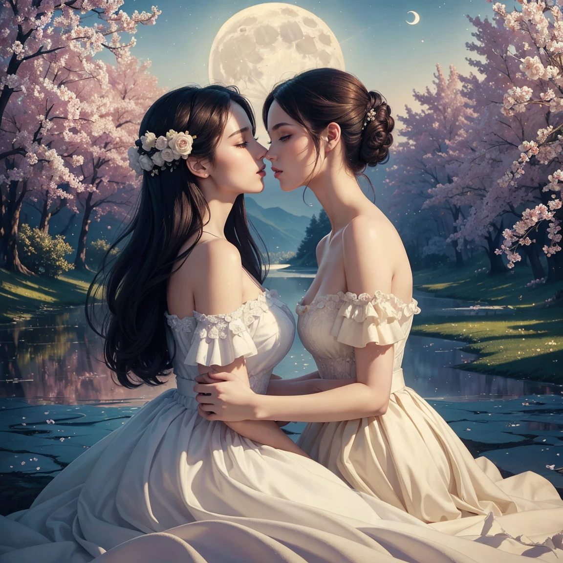 (masterpiece, highest quality, official art, beauty and aesthetic:1.5), perfect anatomy, perfect hand, two women is deeply in love with each other, kiss, romantic atmosphere, flower and moon, magnificent panorama view