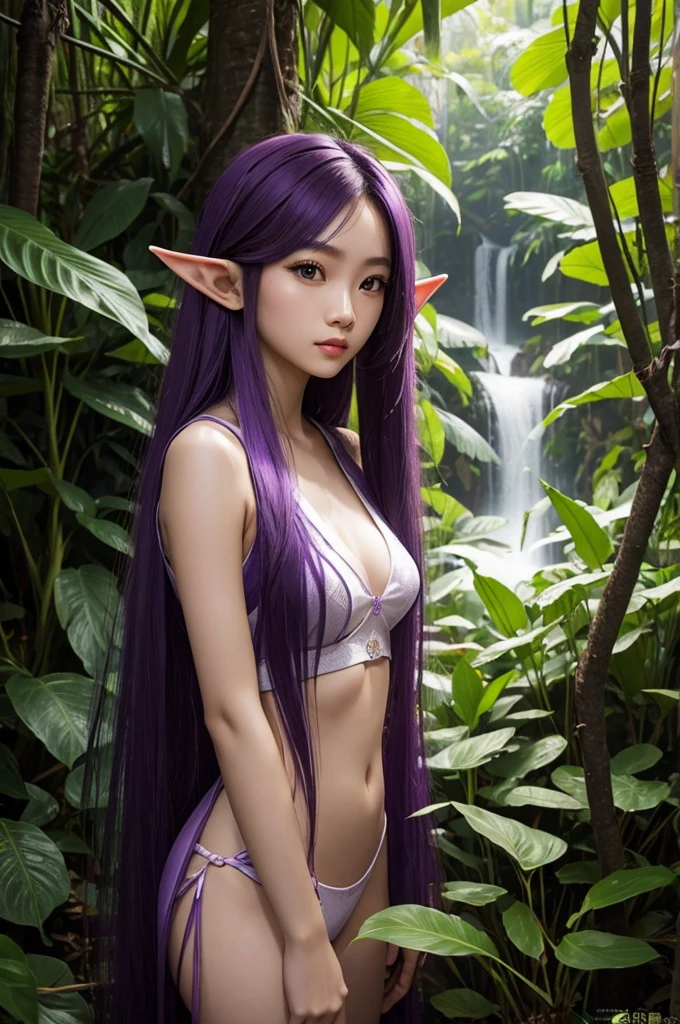 Long Purple hair, Vietnamese, beautiful 23 year old woman, very attractive, brown eyes, elf ears, very cute, thin athletic body, in rainforest