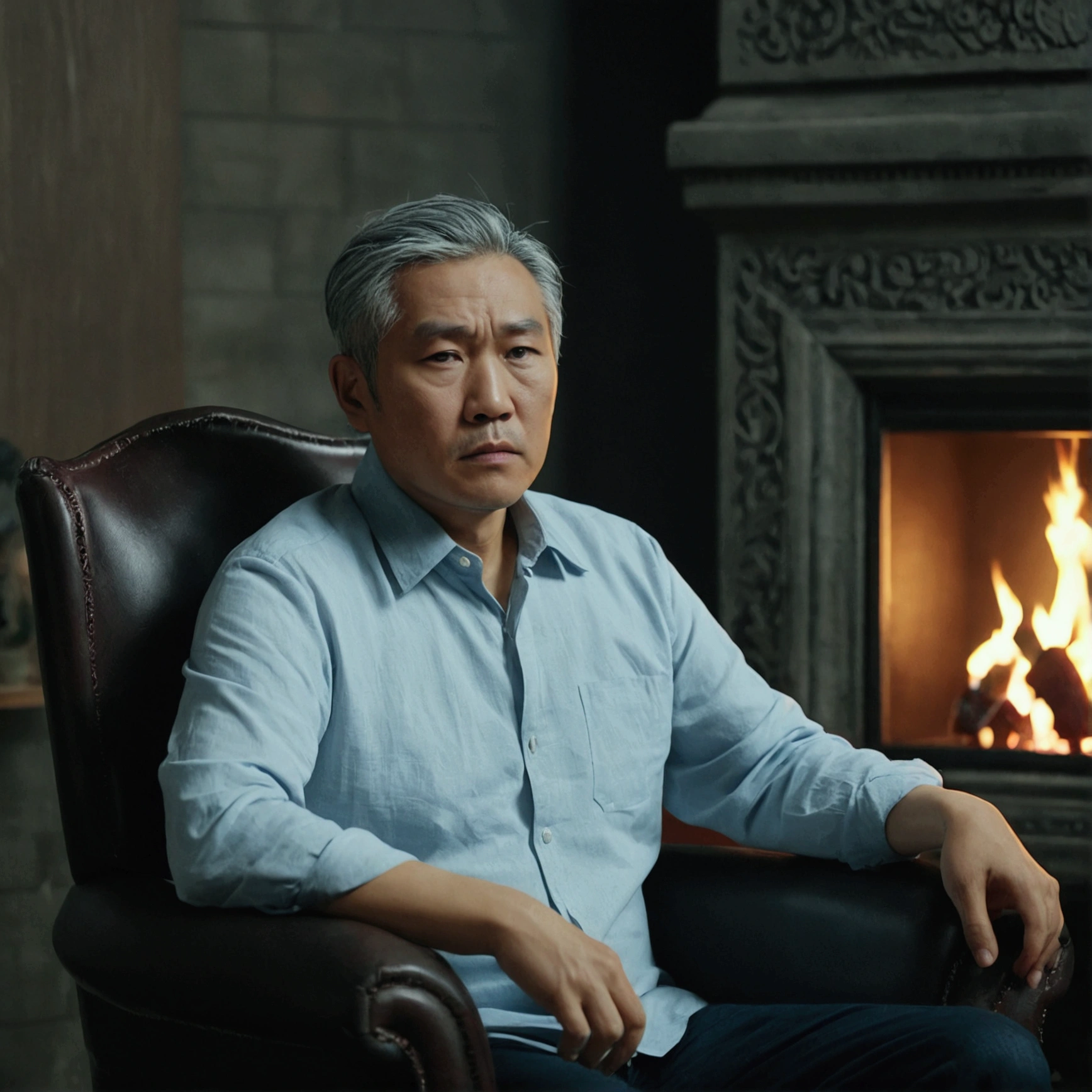 . A middle-aged Asian man with gray hair and a serious expression was sitting in an armchair looking into the fireplace. In the silent room. REALISTIC IMAGES, high resolution, 8k