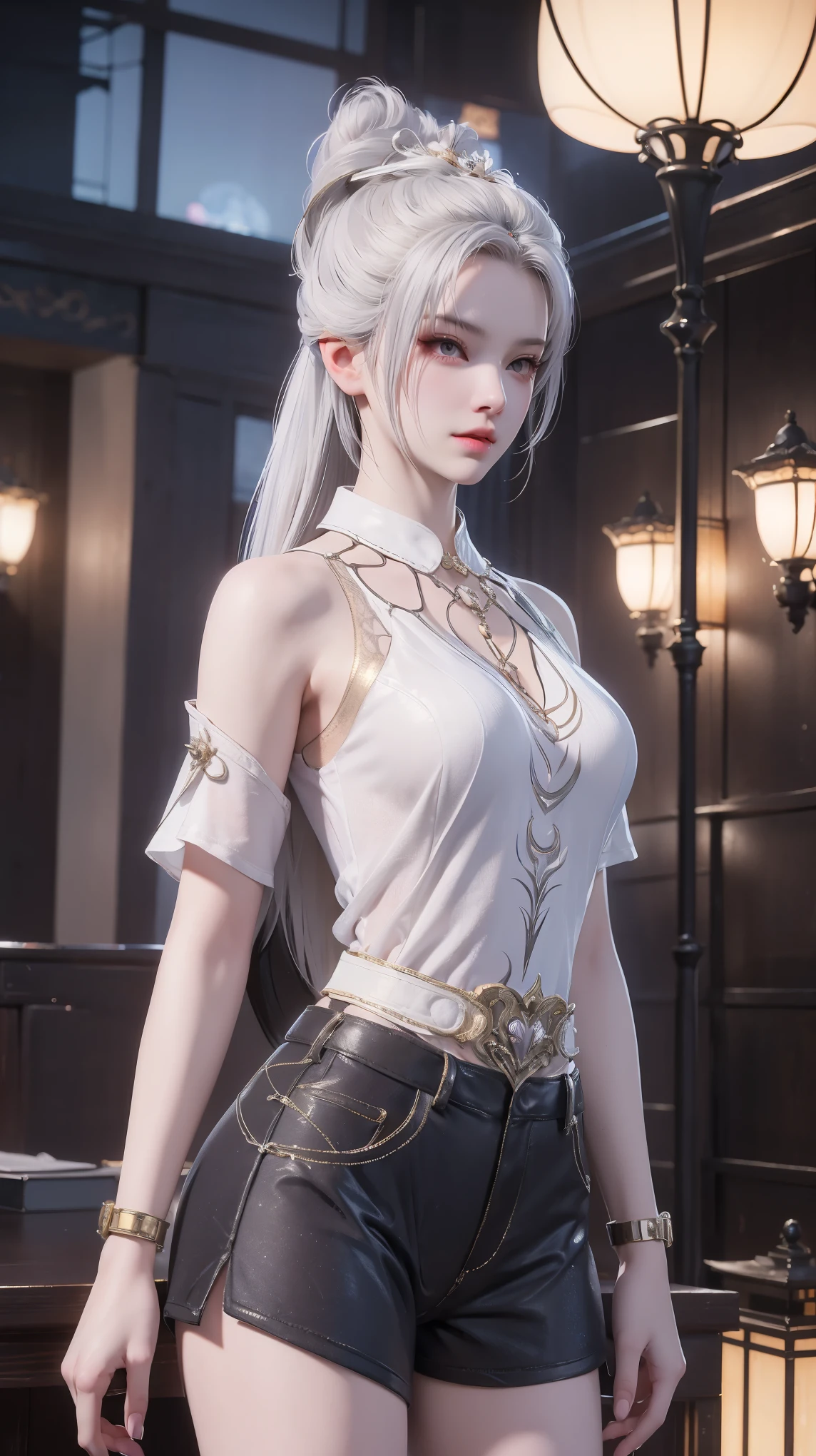 a white hair、Close-up of woman wearing white mask, Beautiful character painting, Gu Weiss, Gu Weiss style artwork, White-haired god, author：Yang Jie, Epic and beautiful character art, Stunning character art, author：Fan Qi, by Wuzhun Shifan, Gu Weiss in pixiv artstation street, Single ponytail, insult, High Ponytail, tall and big, Long legs, (Sleeveless lace shirt), (shorts), (Striped )), ((Striped )), Walk, elegant, dignified, Feminization, Beautiful curves, sweet smile, Strong sense of detail and layering, color丰富绚丽, Has a unique texture, rich and colorful, color, vivid, Design Art, 16K, Very detailed, {{illustration}}, {Extremely refined}, {Delicate finish}, Very detailed, Delicate and shining eyes, {{light}}, 极致light效果, Model: realism, CFG scale: 12, Lola: Bright texture (1.35), high quality, masterpiece, Exquisite facial features, Delicate hair depiction, Delicate eye depiction, masterpiece, best quality, Ray Tracing, Extremely detailed CG unified 8k wallpaper, masterpiece, best quality, (1 girl), Perfect female image, (((Skinny white T-shirt))), beautiful eyes, (Delicate face), Black short hair, Tie your hair up, Light blue hairpin, (White skin), (Optimal lighting), (Super intricate details), 4k unity, (Very detailed CG), Showing off her white legs, , Hot Pants, shorts,