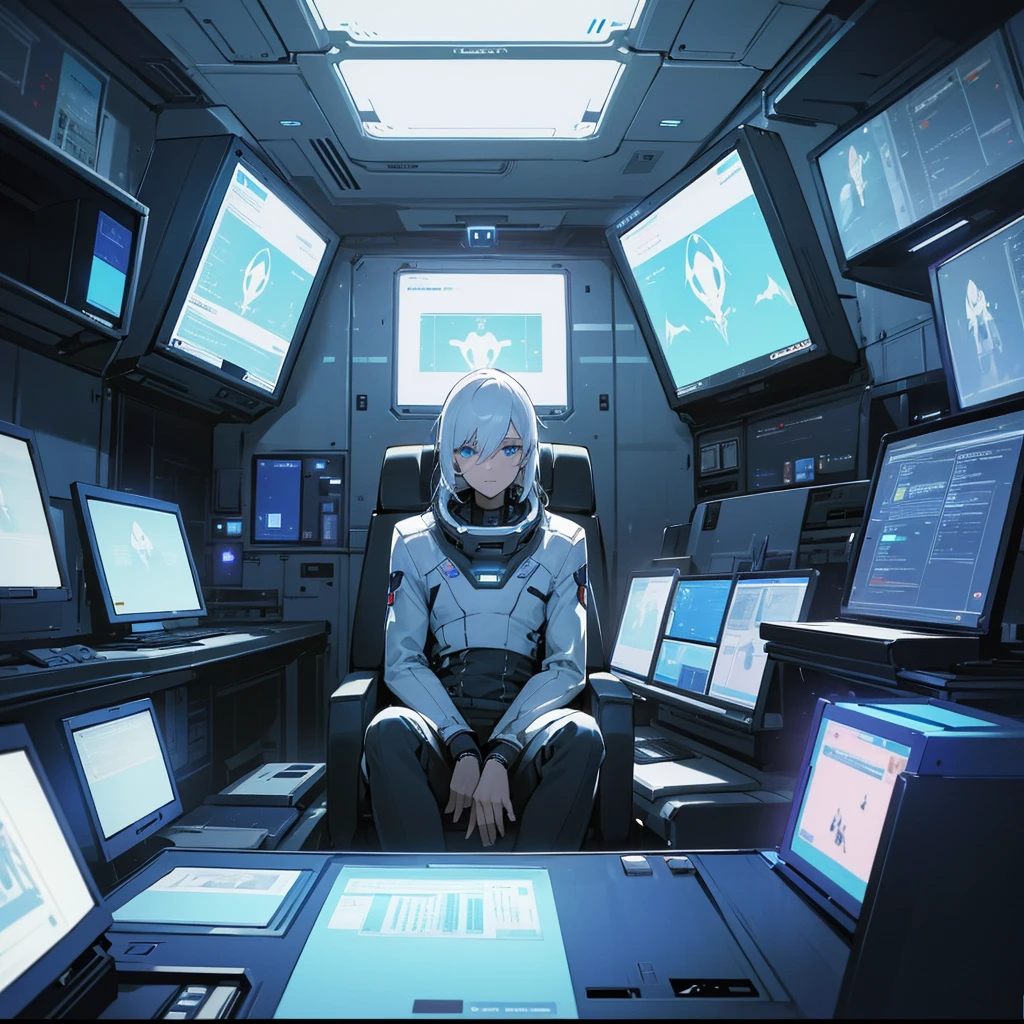 a closeup of a room with many computers and monitors, High-tech spaceship interior., futuristic spaceship interior, Inside a spaceship, Spaceship interior, Interior of an alien spaceship, in a futuristic spaceship, detailed Spaceship interior, science fiction interior, futuristic interior, Inside a spaceship, futuristic environment, science fiction room, futuristic room, interior of the space station, well-detailed white-haired-blue-eyed boy, High quality.