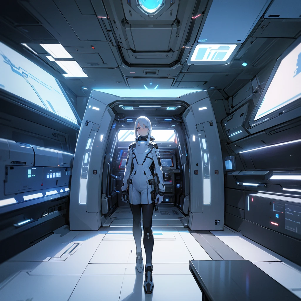 a closeup of a room with many computers and monitors, High-tech spaceship interior., futuristic spaceship interior, Inside a spaceship, Spaceship interior, Interior of an alien spaceship, in a futuristic spaceship, detailed Spaceship interior, science fiction interior, futuristic interior, Inside a spaceship, futuristic environment, science fiction room, futuristic room, interior of the space station, well-detailed white-haired-blue-eyed boy, High quality. 
