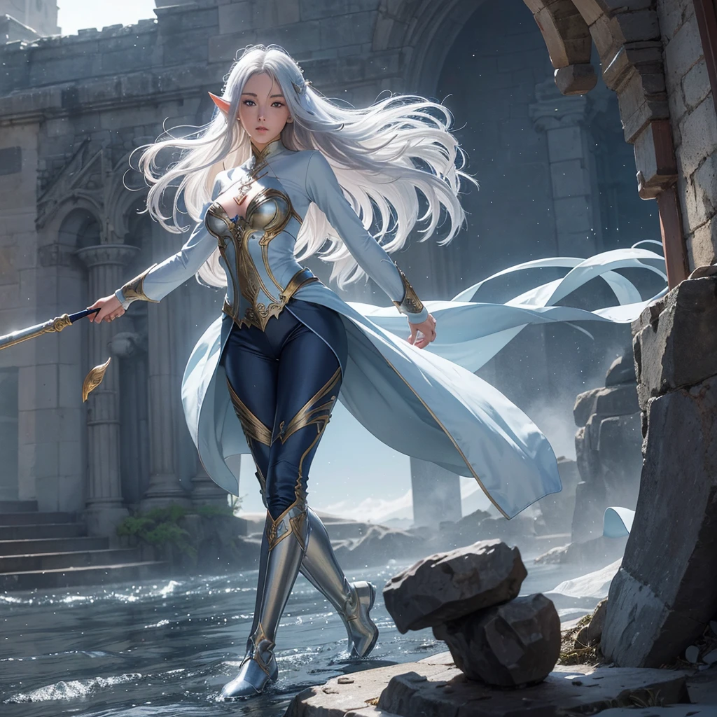 Professor Elowen Mistralight, a 25-year-old elf woman, medium height and delicate elf with silver hair, mysterious and penetrating light blue eyes, He wears a robe with patterns of wind and water, tight light blue fabric pants, long, with navy blue riding boots, the boots reach the knee, a magic wand and castle background, anime style. Individual image of her in full body. He is in action pose. Has one leg raised with the knee bent, His mouth is slightly open as if he had exercised a lot.. He has light skin. She has her hair down and blowing in the wind.. feminine and sexy body.