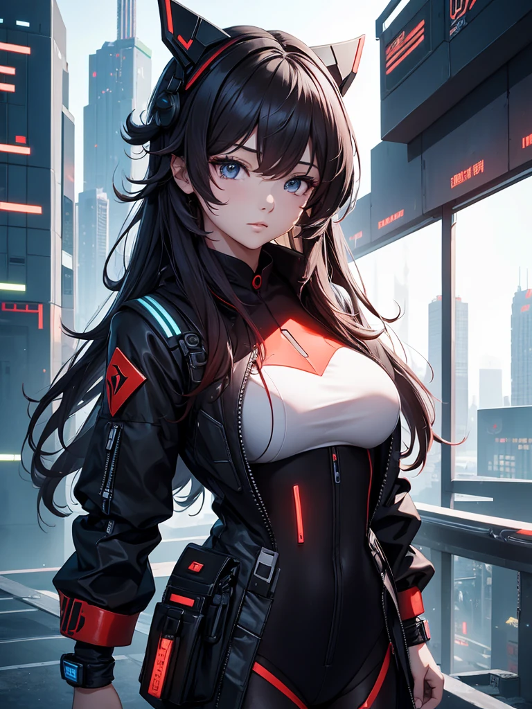 (Hu tao), 1girl, wearing a futuristic cyberpunk outfit, at a future city, 8k, high detailed, high quality