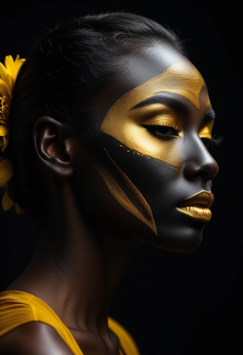 (film grain),ultrarealistic 4k,photoart_style,(yellow and black, vivid, minimalist, beautiful black face, golden make-up,side view profile),realistic, Wide angle lens, high contrast, dark black tone,Cinematic Lighting, movie-level texture, hand-painted details, epic, meticulous,perfect composition, dynamic play of light, rich colors, epic shot, perfectly quality, natural textures,high detail, photoshadow, (natural colors, correct white balance, color correction, dehaze),(intricate detailed)