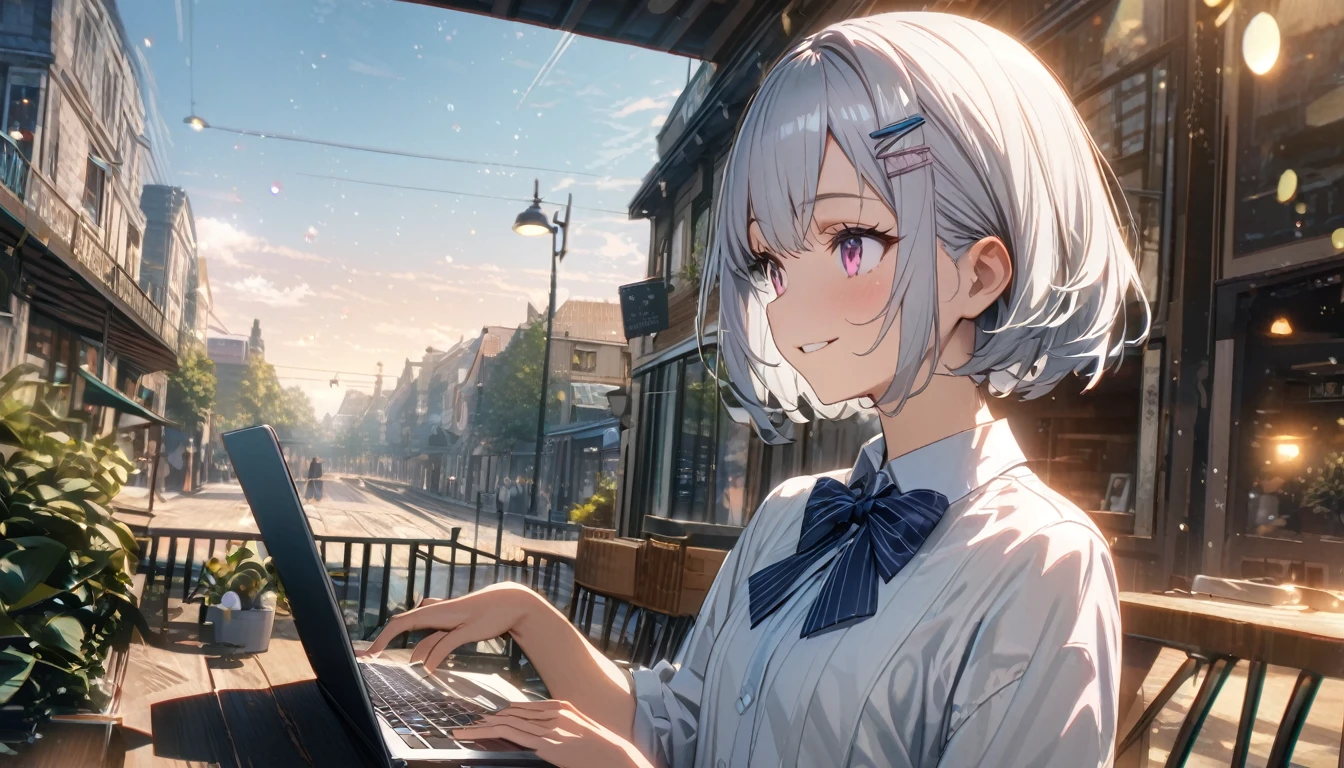 one girl, silver short hair and bob hair、I tied my hair in a bun with a hair clip..、beautiful pink eyes、smile、gentle smile on her face、flat chest, one Beautiful girl,((masterpiece, illustration, best quality) ((ultra-detailed))\, Woman using laptop on the open terrace of a fashionable café、18year old、OL、Everyday clothes、A smile、frontage、The upper part of the body、silver hair、Short bob hair、The upper part of the body、wearing formal clothes and wearing a blue bowtie,濃い青とBeautiful Blueのグラデーション, High resolution, 8K HD detail, hyper-detail, cinematic, surrealism, soft light, deep field focus bokeh, ray tracing and surrealism. --v6