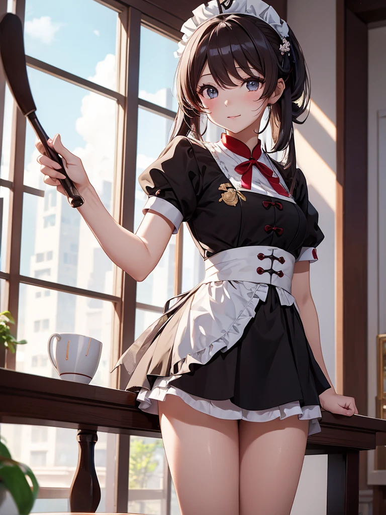 (Hu tao), 1girl, as a maid, wearing a maid outfit, at a home, 8k, high detailed, high quality