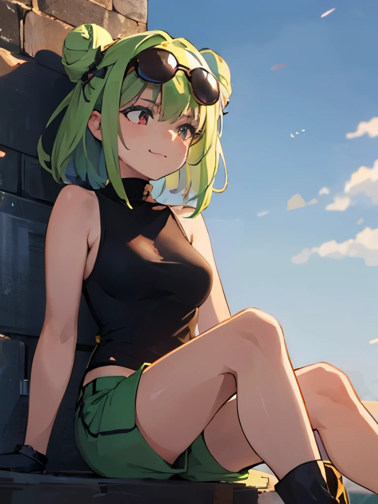 (highres), (best quality), (detailed) 1 girl, alone, medium hair, pastel green hair, twin buns, evil smile, violet eyes, round black sunglasses on head, black sleeveless turtleneck top, green shorts, dark brown boots, day time, abandoned place, resting, thoughtful, looking away from the camera