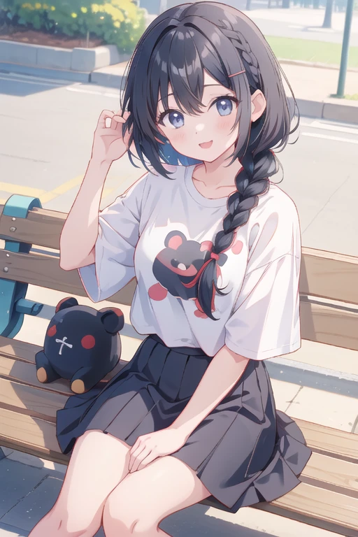 Girl with braided black hair、sitting on a park bench、ＴWearing a shirt、（The T-shirt has a Kumamon print on it.）、Checkered Skirt、smile