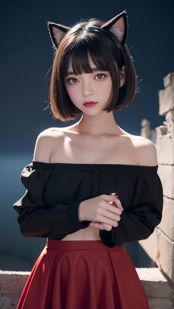 Delicate and dainty young woman with shiny bob-cut black hair and cat ears. She is wearing an off-the-shoulder red only mini-skirt dress. The background is a fantastic and ethereal night sky that seems to be haunted by a specter. Her expression is stern and atmospheric. Angle from directly below, f-cup