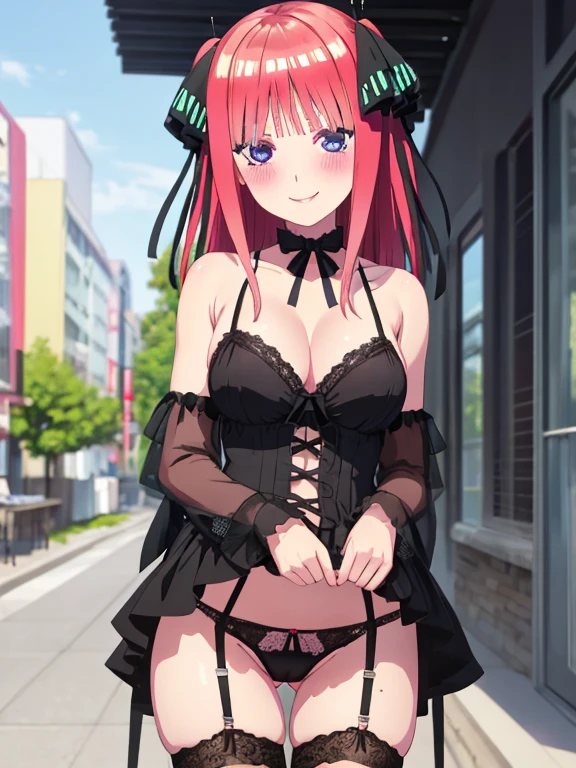 best quality, insanely detailed, nino nakano, breasts, blush, outdoor background, bare-shoulder, looking at viewer, garter strap, a black ribbon, stockings, pussy, smile, lingerie garterbelt