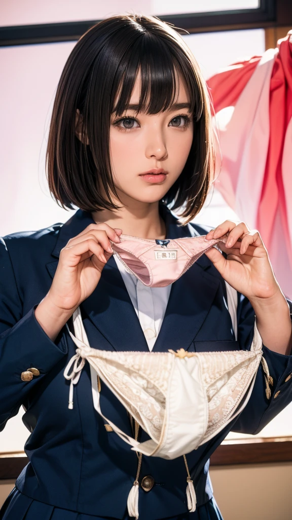 (Absurd:1.3),8k,(Detailed Photos:1.5),(Detailed face and skin:1.3),(Ultra-high resolution:1.5),(Realistic:1.5),Symmetrical clear eyes,Well-groomed face,(Ray Tracing:1.3) ,13-year-old girl, Japanese,high school girl,(wearing Japanese high school uniform:1.3),(Navy High School Uniform:1.3), break (Panties as a gift),(Detailed white silk panties:1.1),masterpiece, Highest quality, Very detailed,classroom,Black short bowl cut hair、Blunt bangs,Focus Panties,Cinema Lighting,(blush:1.3),(Very big panties:1.5),