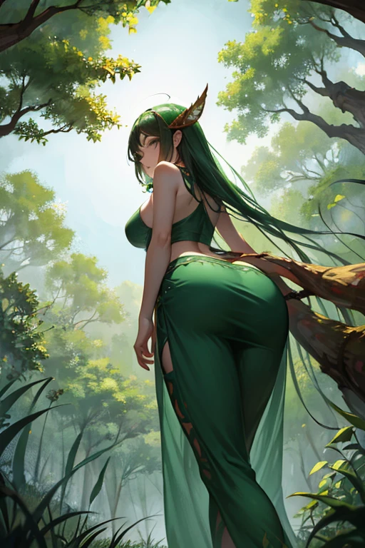 Hot Forest Druid, green skin, nice ass, ((view from below)), (wearing clothing made of leaves)