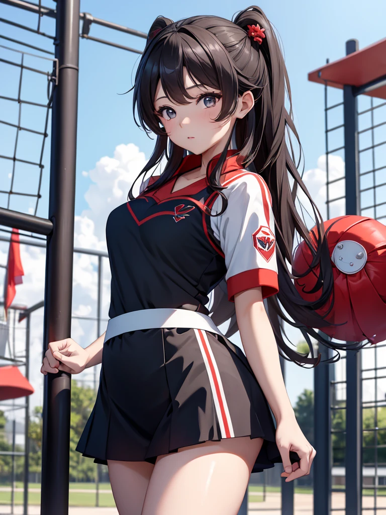 (Hu tao), 1girl, wearing a cheerleader outfit, at a playground, 8k, high detailed, high quality