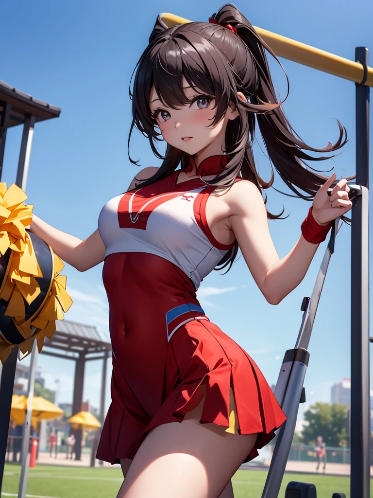 (Hu tao), 1girl, wearing a cheerleader outfit, at a playground, 8k, high detailed, high quality