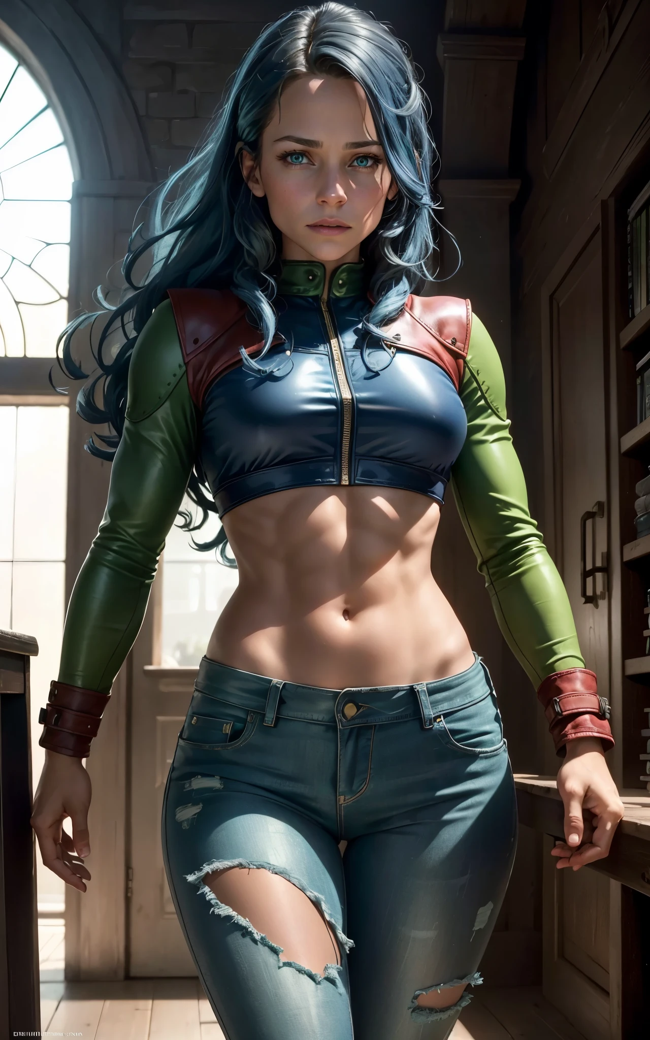 (Alicia Vikander:Evangeline Lilly), green light, glowing eyes, pov below, wind,, masterpiece, best quality, 1girl, cool, serious, medium breasts, long hair, blue  hair, red leather jacket, crop top, tight jeans, green eyes, abs