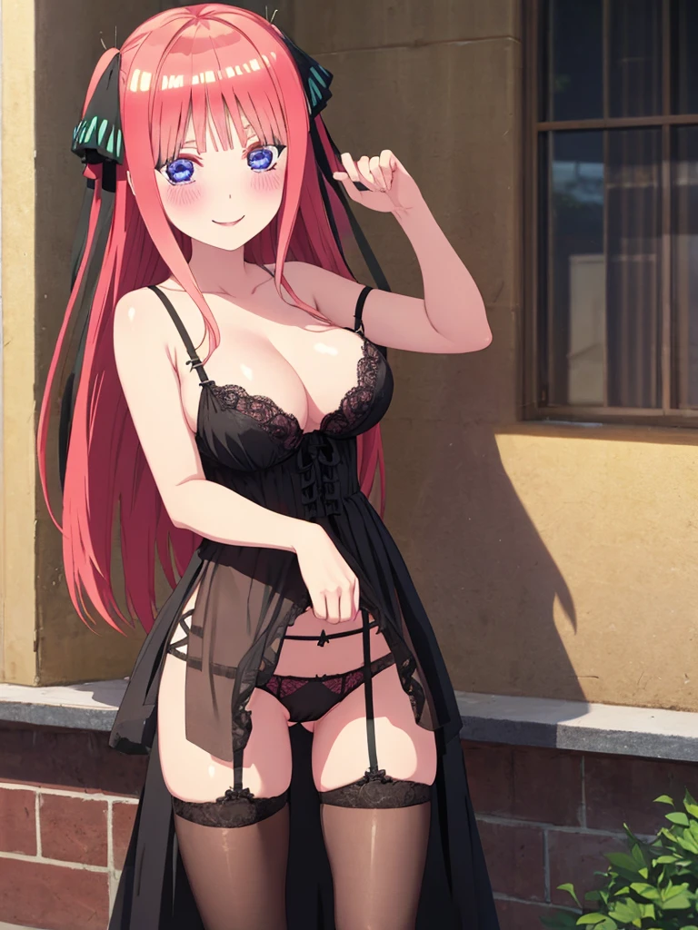 best quality, insanely detailed, nino nakano, breasts, blush, outdoor background, bare-shoulder, looking at viewer, garter strap, a black ribbon, stockings, pussy, smile, lingerie garterbelt