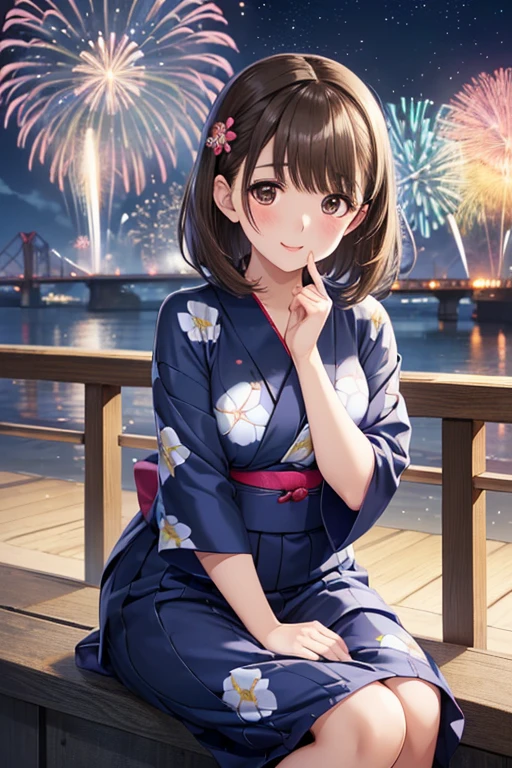 anegasaki nene、Shiny brown hair, short hair, (Beautiful brown eyes、Sparkling eyes, Fine grain)、smile、Super detailedな目、Highly detailed face, Highly detailed eyes,


Ultra-high resolution, Superior Quality, Highest quality, Super detailed, Realistic, 8k, RAW Photos, Highest quality, masterpiece, Attractive girl, A wonderful girl, 

Anime girl in a kimono sitting on the stairs with fireworks in the background、(Tabletop:1.3), Symmetrical eyes, Light brown eyes, double eyelid, Thin eyebrows, (Glossy Lips:1.4), ((かわいいsmile:1.2)), (blush:1.1), (small shiny hair ornament:1.1), break, (Elegant girl:1.3), (wear (Navy blue yukata:1.2) There is a white floral pattern), break,   (Close-up shot:1.2), (A sideways glance at the audience:1.1), From next to me, break, ((Sit on the stairs，Gently lift your chin in Odaiba:1.2)), ((Huge colorful fireworks bloom in the night sky:1.2)),
