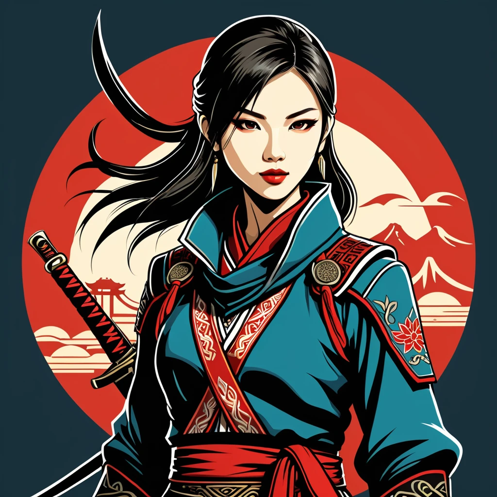 female	assassin	in taiwan folk outfit	,vector graphics, strong contours, logo design																						