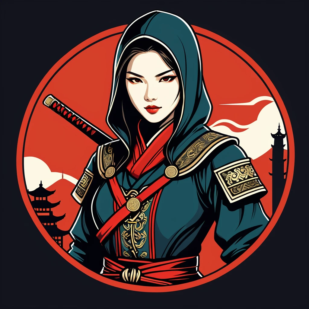 female	assassin	in taiwan folk outfit	,vector graphics, strong contours, logo design																						